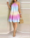 Vestido estampado tropical com gola alta feminino, estilo de férias, vestido sem encosto, roupas para primavera e verão