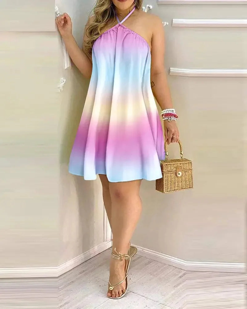 Vestido estampado tropical com gola alta feminino, estilo de férias, vestido sem encosto, roupas para primavera e verão