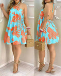 Vestido estampado tropical com gola alta feminino, estilo de férias, vestido sem encosto, roupas para primavera e verão