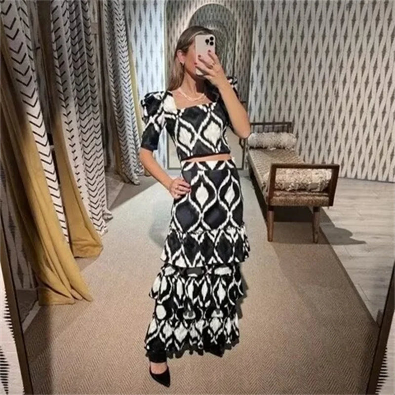 Conjunto saia e top curto feminino, temperamento versátil estampado