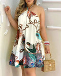 Vestido estampado tropical com gola alta feminino, estilo de férias, vestido sem encosto, roupas para primavera e verão
