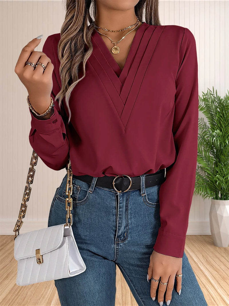 Vestido feminino de manga comprida em camadas com decote em v.