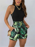 mulheres verão colete e shorts define casual sem mangas halter colete regata + shorts de cintura alta com cinto 2pcs ternos