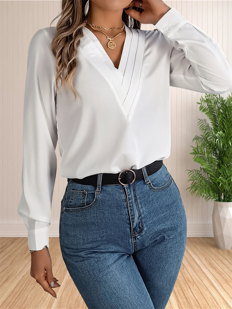 Vestido feminino de manga comprida em camadas com decote em v.