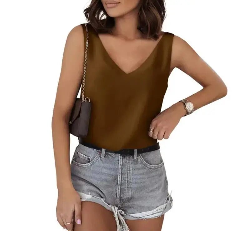 Camisa de seda sem mangas com v pescoço para as mulheres