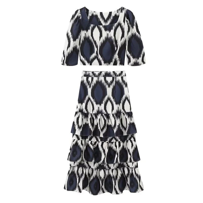 Conjunto saia e top curto feminino, temperamento versátil estampado