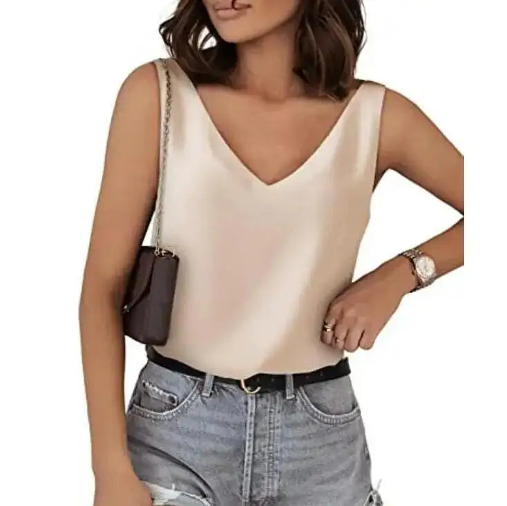 Camisa de seda sem mangas com v pescoço para as mulheres