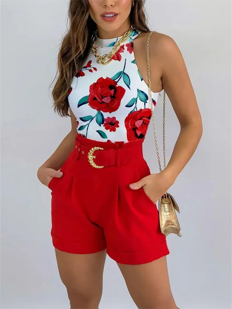 mulheres verão colete e shorts define casual sem mangas halter colete regata + shorts de cintura alta com cinto 2pcs ternos