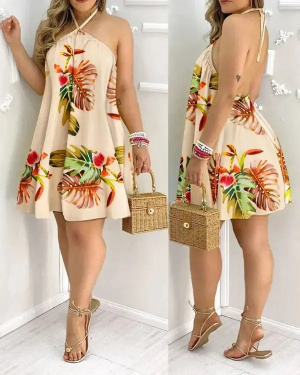 Vestido estampado tropical com gola alta feminino, estilo de férias, vestido sem encosto, roupas para primavera e verão