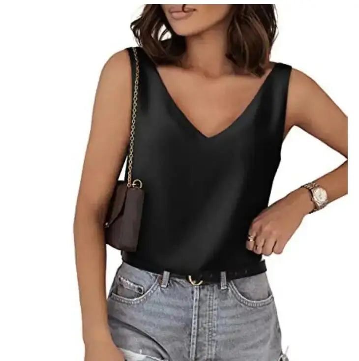 Camisa de seda sem mangas com v pescoço para as mulheres
