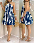 Vestido estampado tropical com gola alta feminino, estilo de férias, vestido sem encosto, roupas para primavera e verão