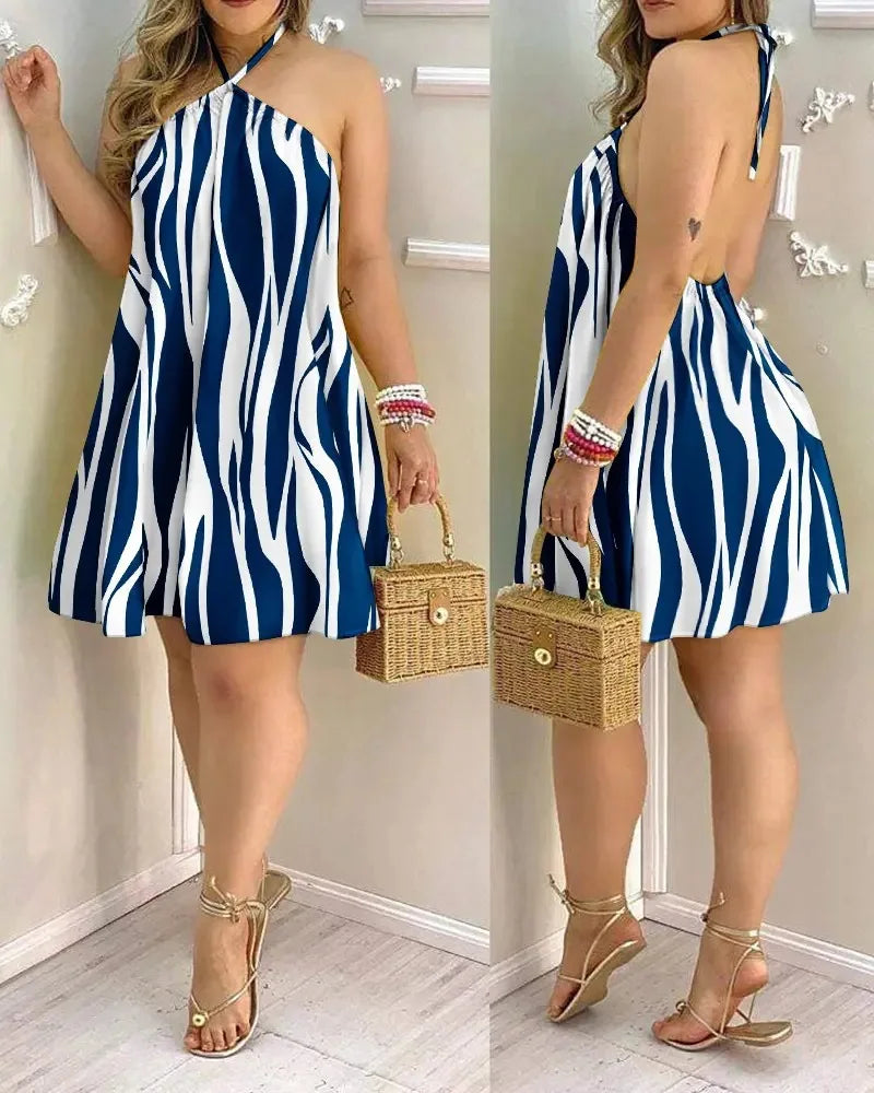 Vestido estampado tropical com gola alta feminino, estilo de férias, vestido sem encosto, roupas para primavera e verão