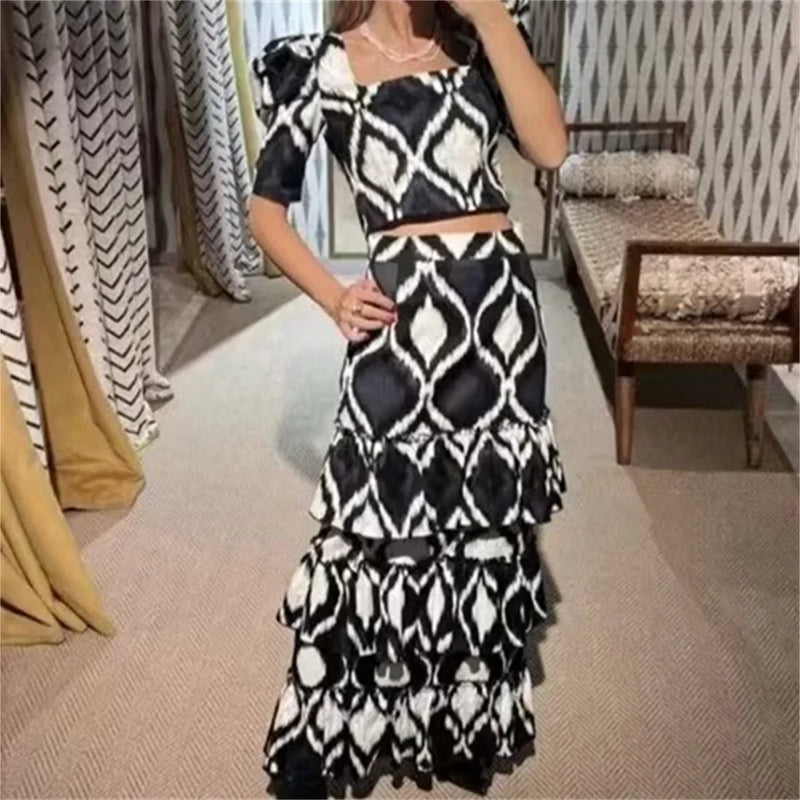 Conjunto saia e top curto feminino, temperamento versátil estampado