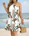 Vestido estampado tropical com gola alta feminino, estilo de férias, vestido sem encosto, roupas para primavera e verão